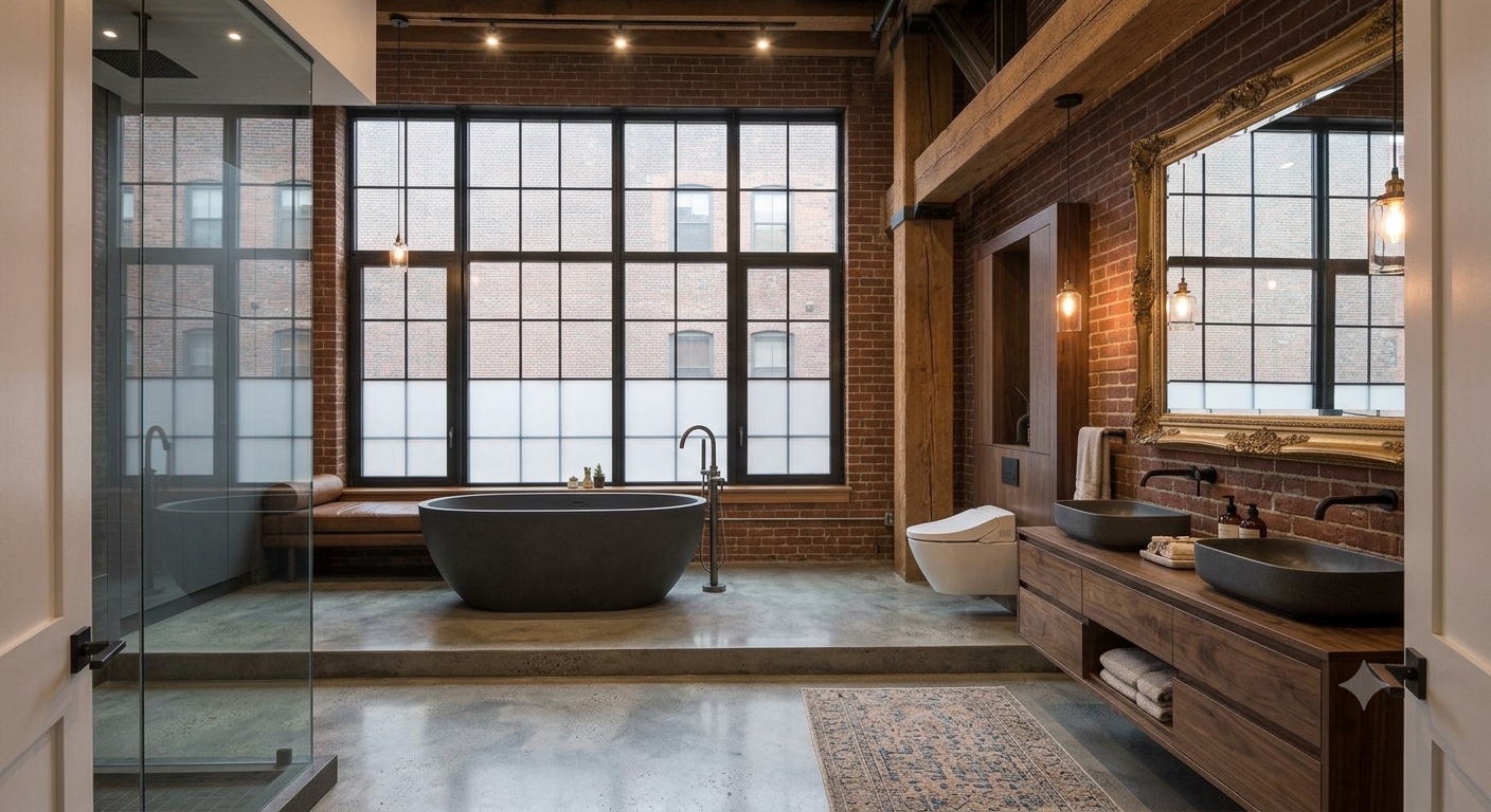 Clean modern bathroom with shower and fixtures
