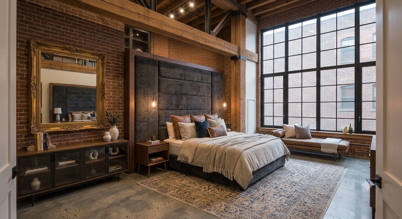 Modern bedroom with comfortable bed and warm lighting