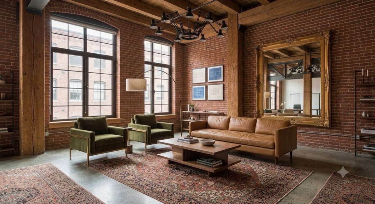 Spacious loft living room with exposed brick walls, wood beams, and leather furniture