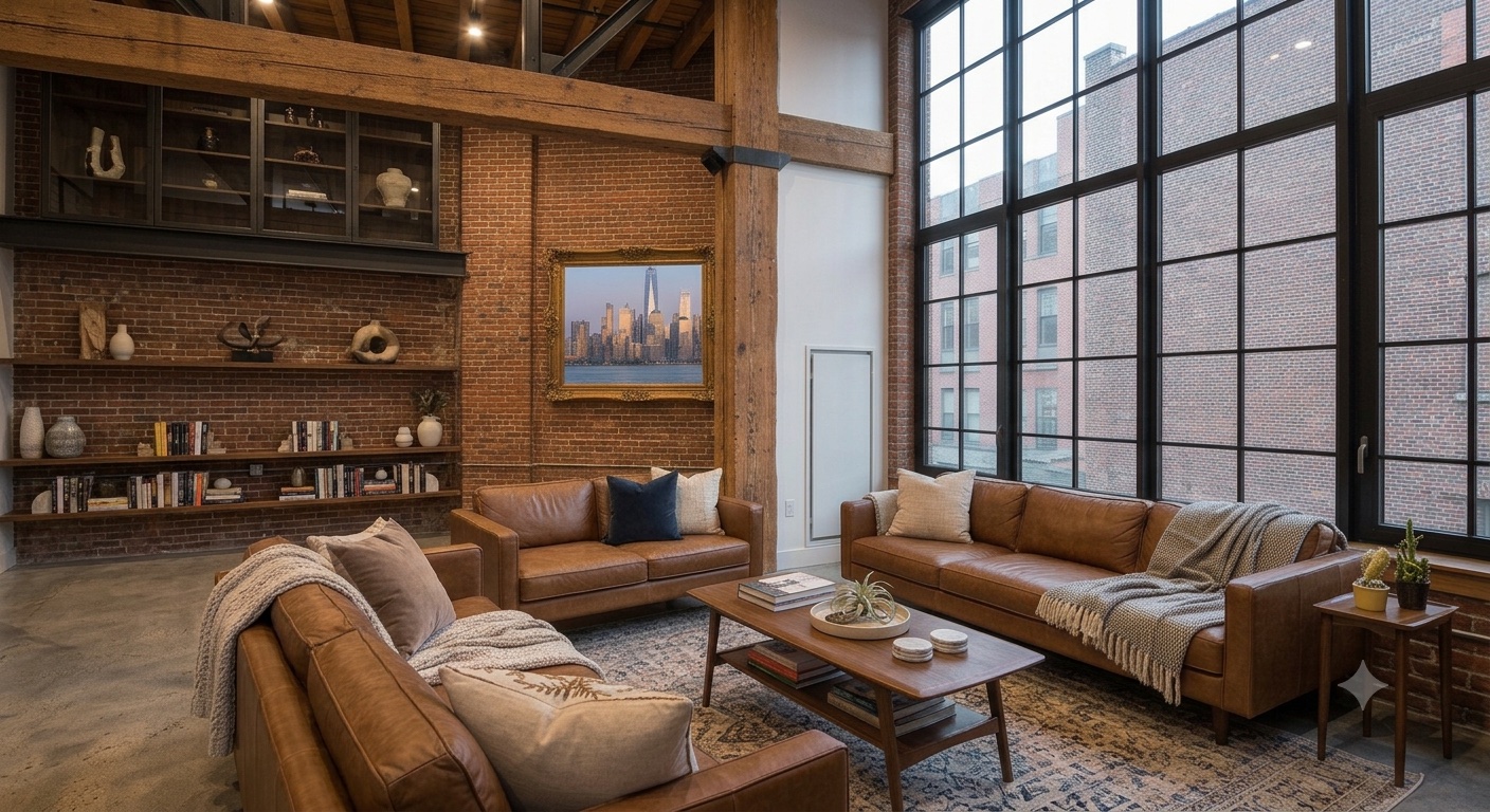 Cozy living room with large windows and comfortable seating